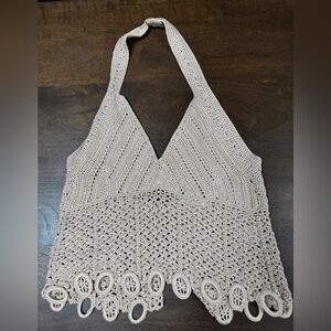 Jonathan Simkhai Beige Crochet and Pearl Halter Top